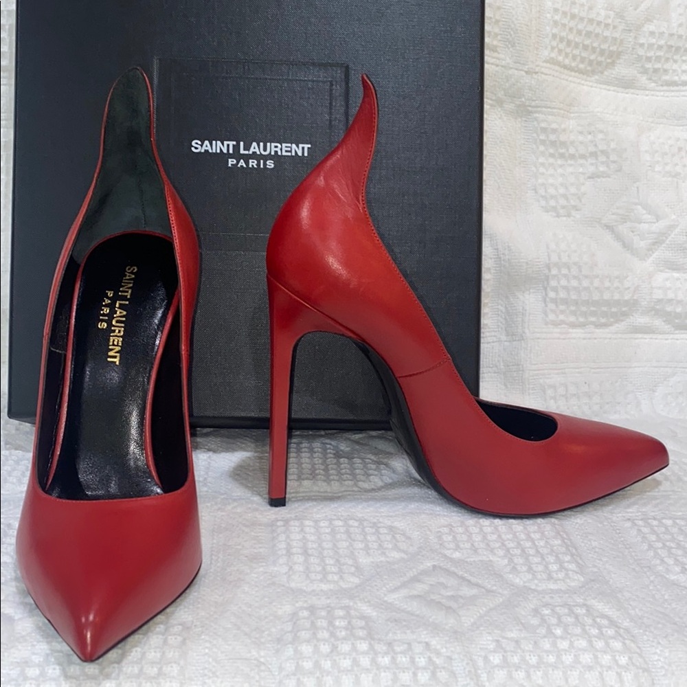 Saint Laurent Opyum Heels Rouge Orient Red 4.5” Seta Calf Leather 37.5 NIB NEW